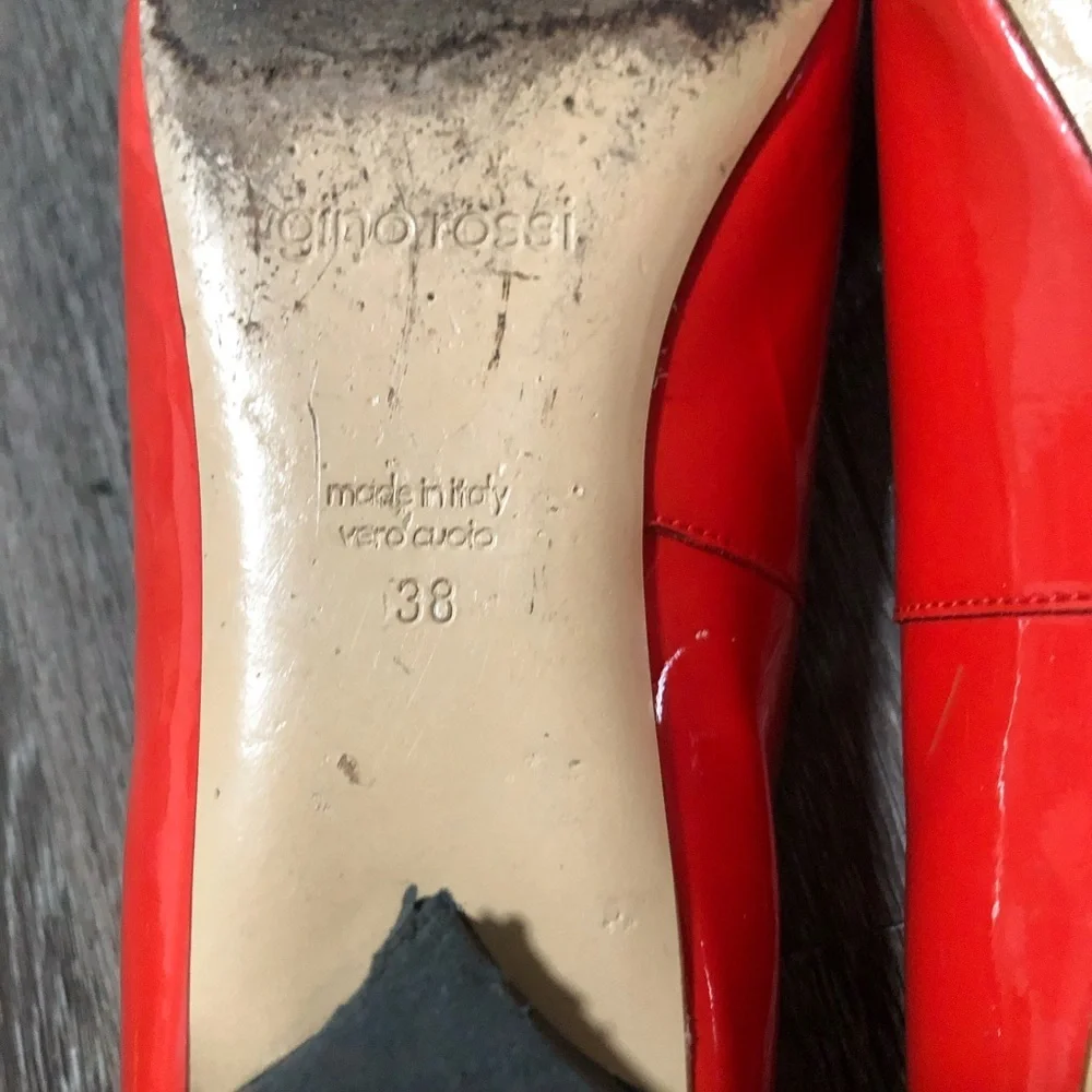 Gino Rossi Italy Coral/Red/Orange Patent Leather Gold Buckle Flats - 38